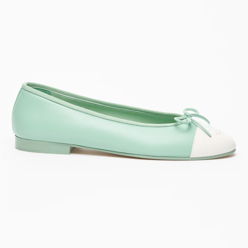 Chanel 26S Light Green White Lambskin Leather CC Logo Ballet Ballerina Flat 40